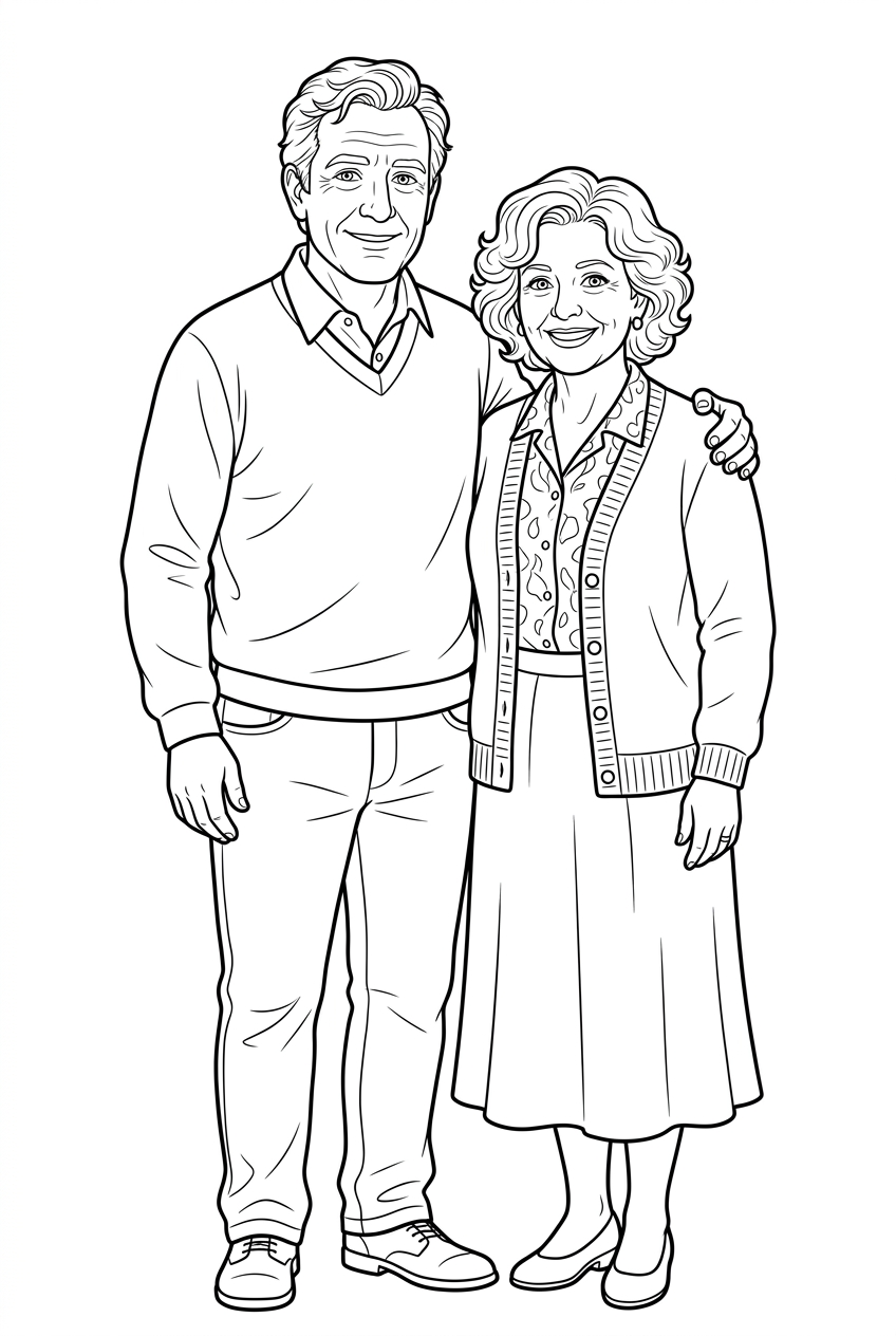 Original black outline coloring illustration of adult couple portrait