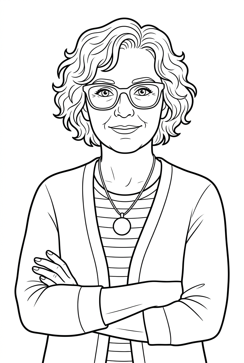 Original black outline coloring illustration of adult self portrait
