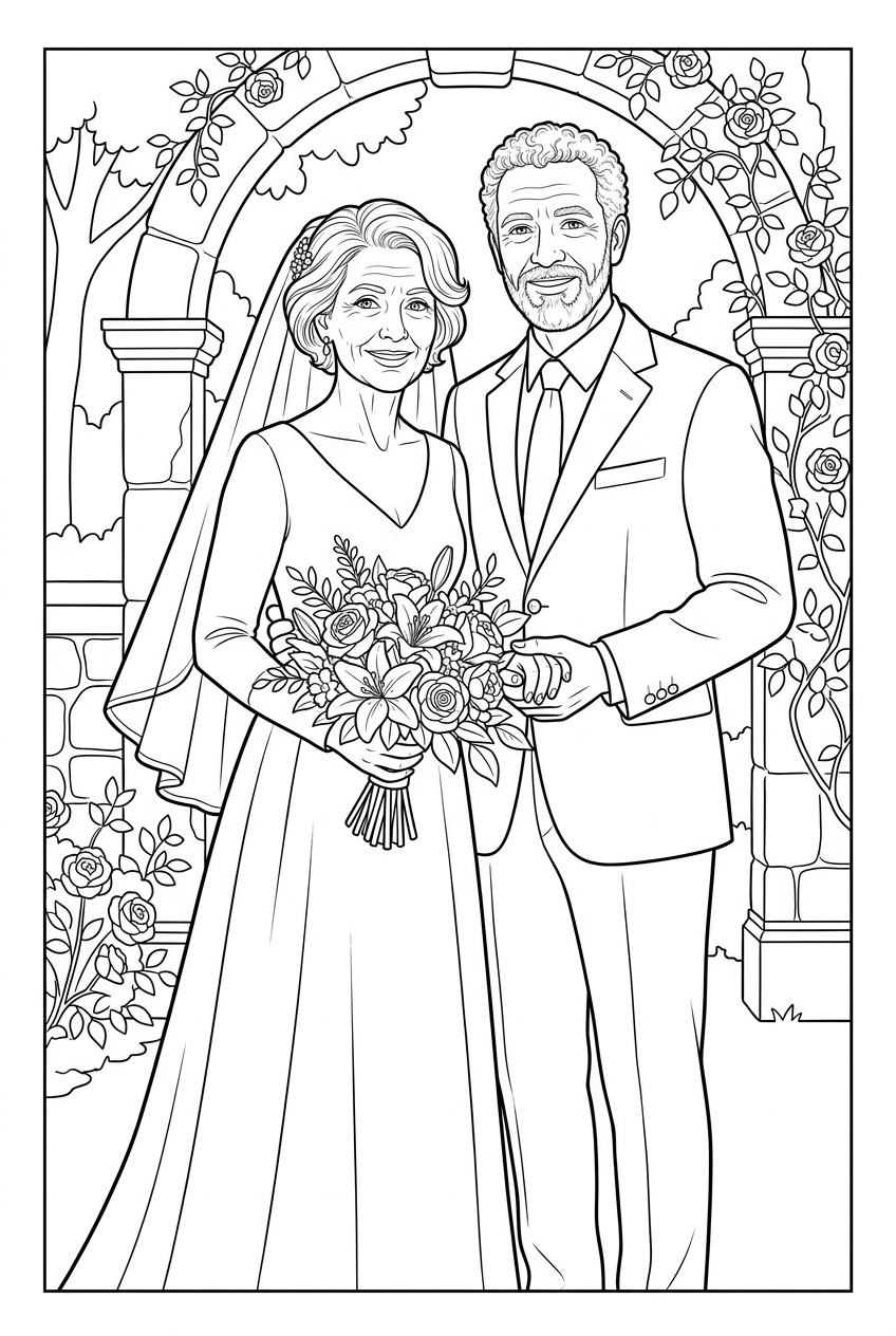 Wedding portrait turned into a line-art coloring page