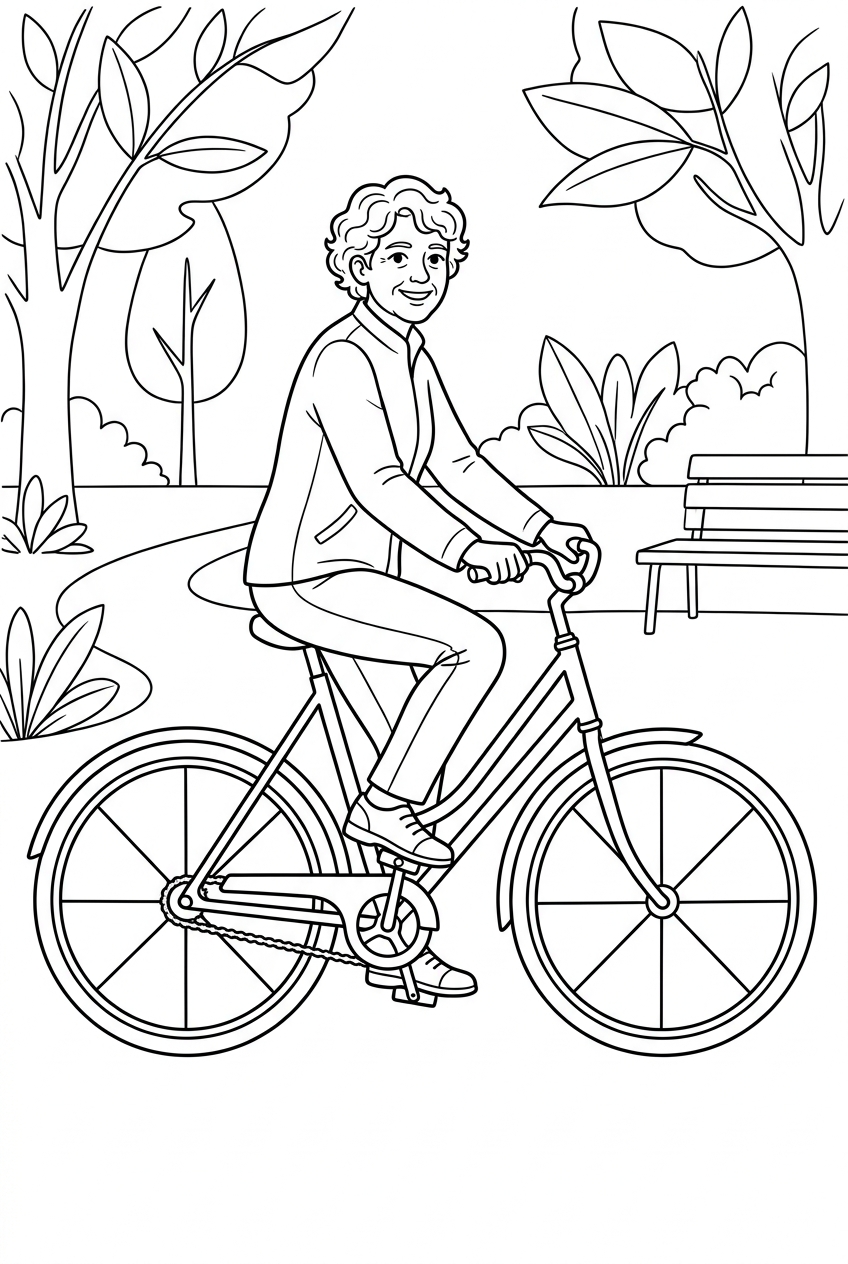 Coloring page of a person riding a bicycle, subject only