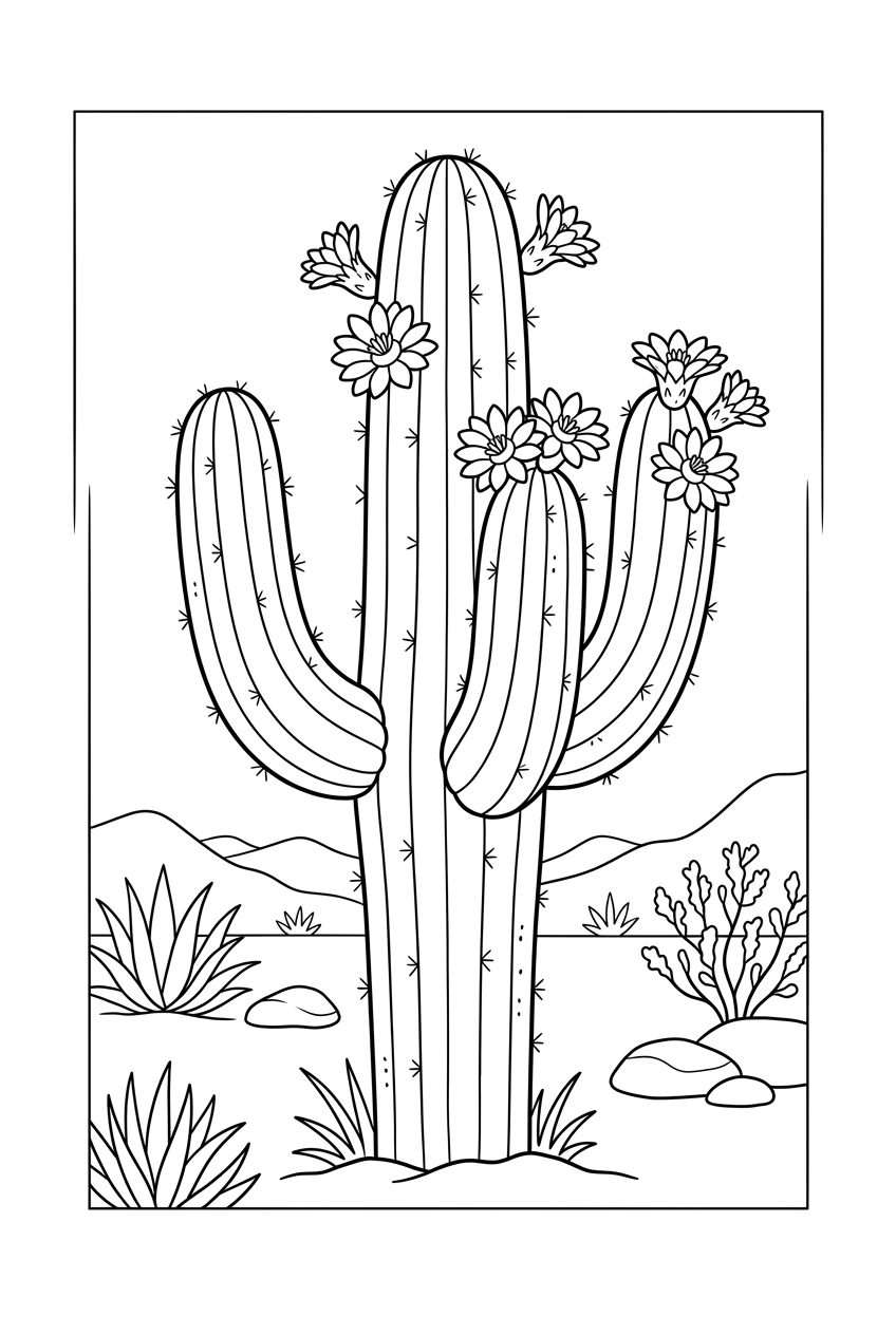 Original black outline coloring illustration of cactus