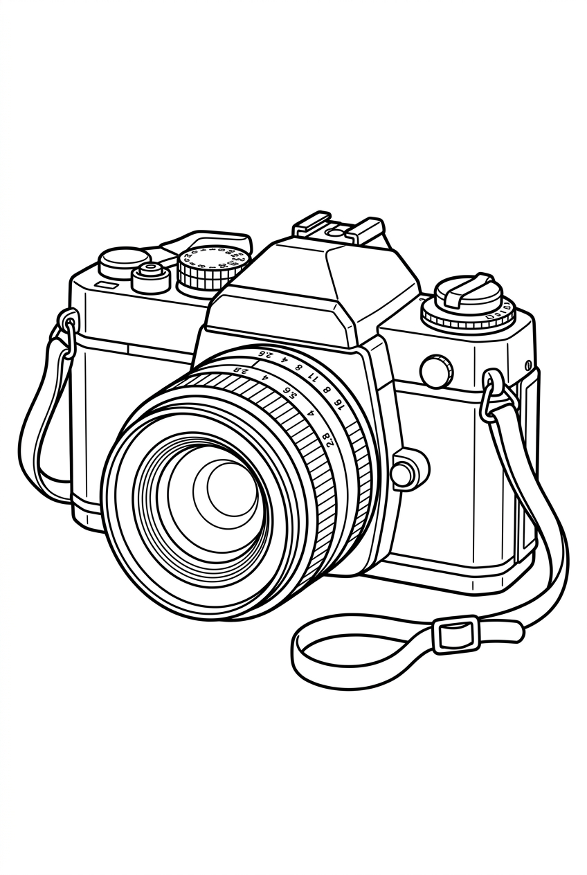 Original black outline coloring illustration of camera