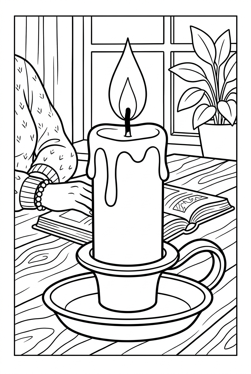 Original black outline coloring illustration of candle