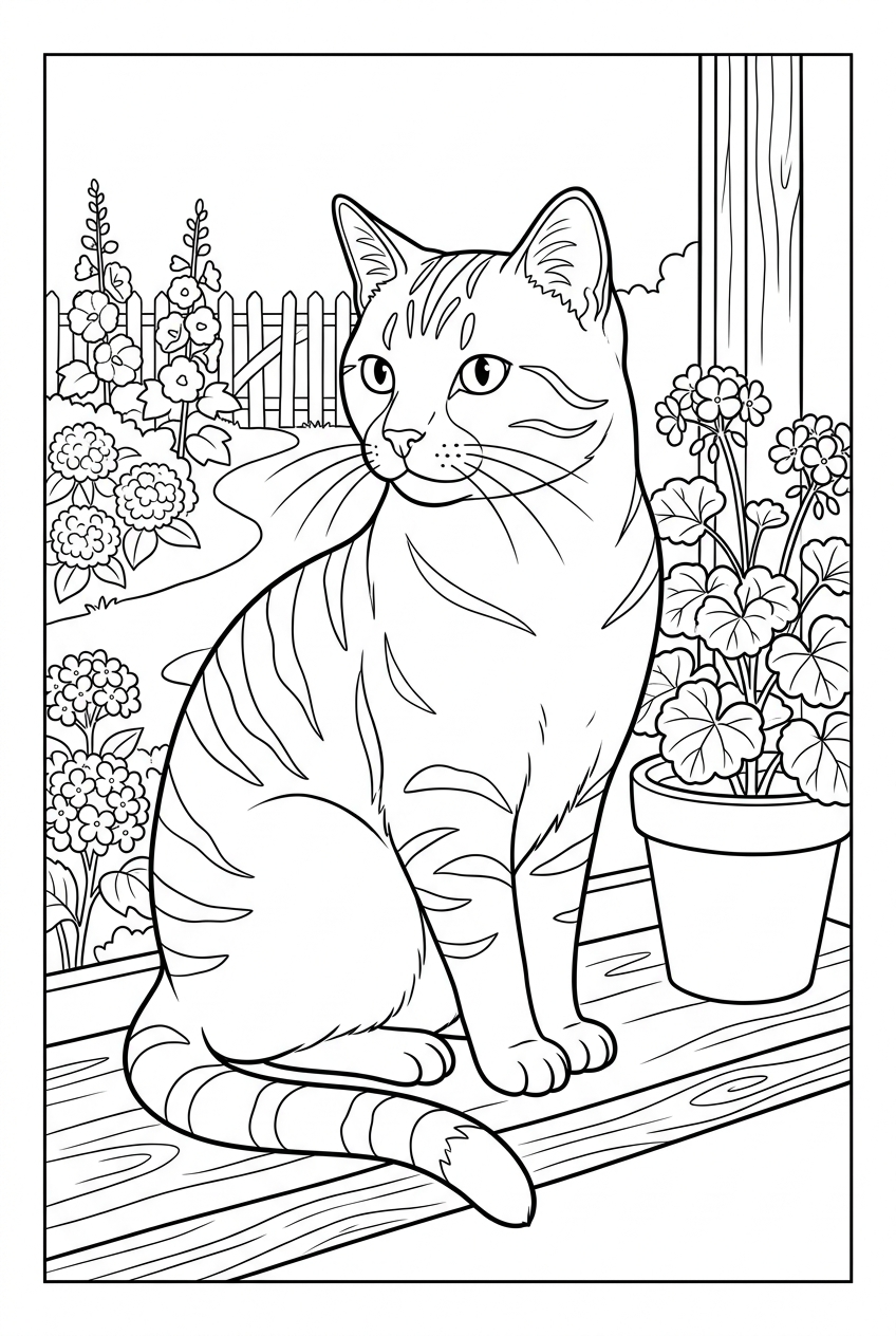 Line-art coloring page of a cat sitting beside a flower pot
