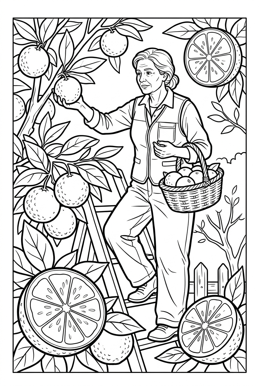 Original black outline coloring illustration of citrus