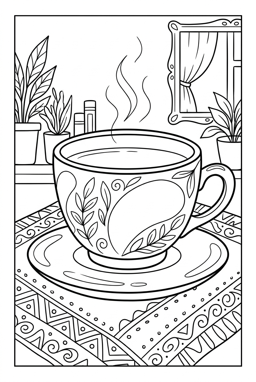 Coffee cup turned into a line-art coloring page