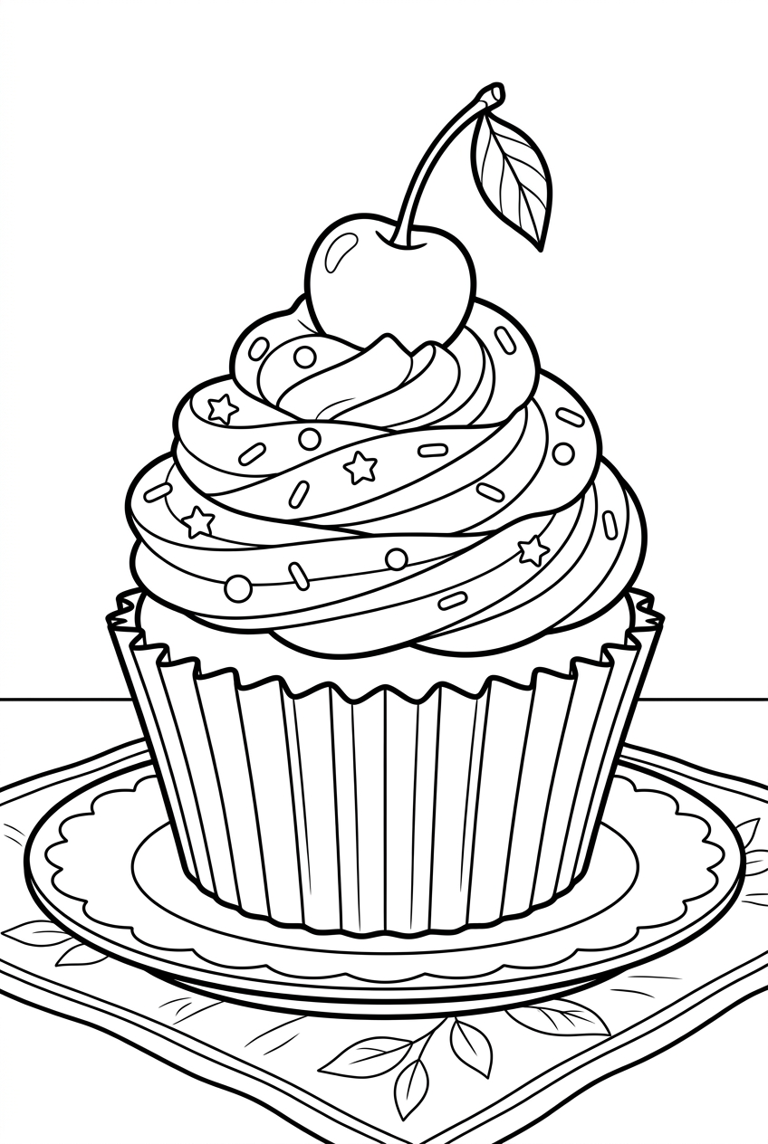 Original black outline coloring illustration of cupcake