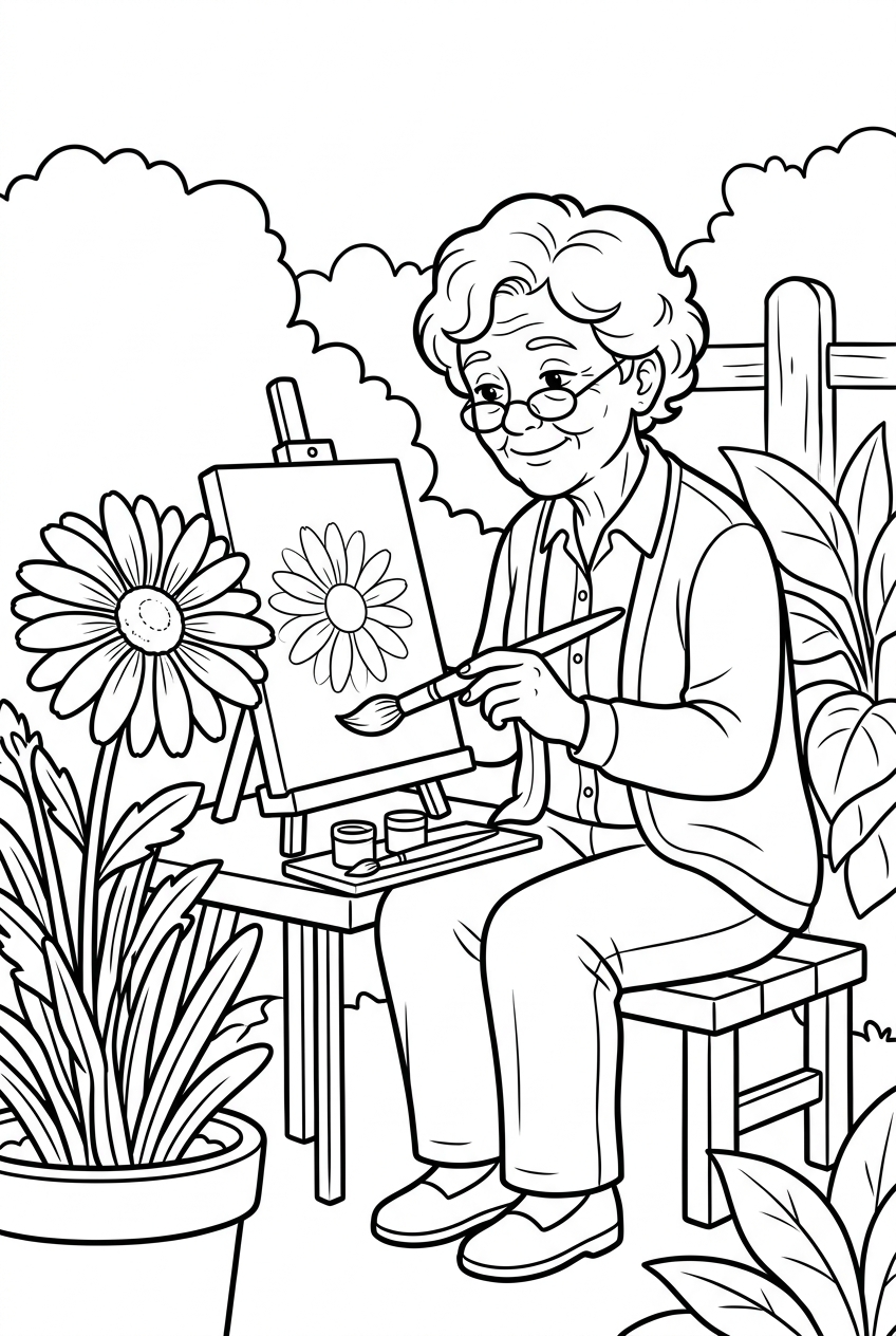 Original black outline coloring illustration of daisy