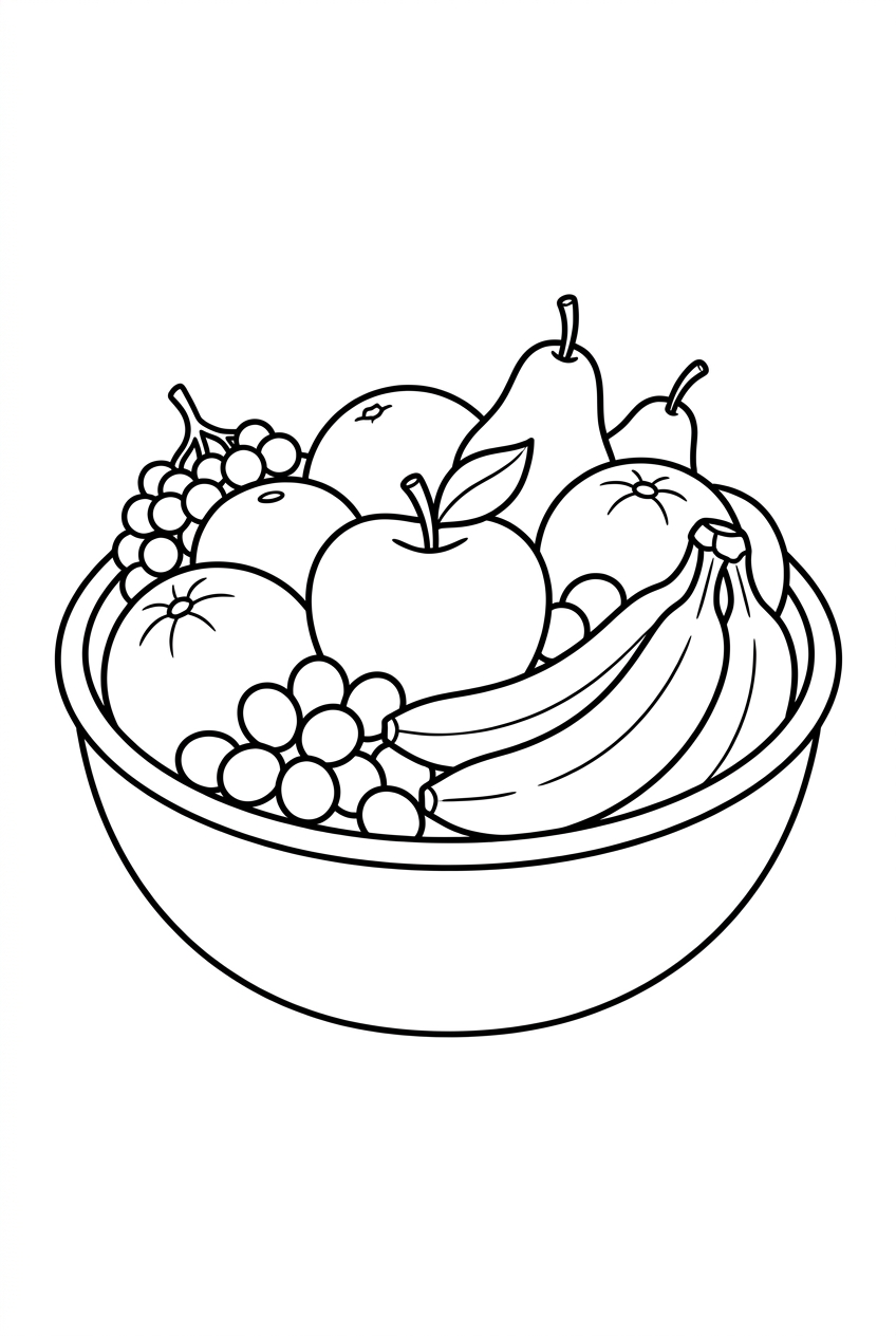 Original black outline coloring illustration of fruit bowl