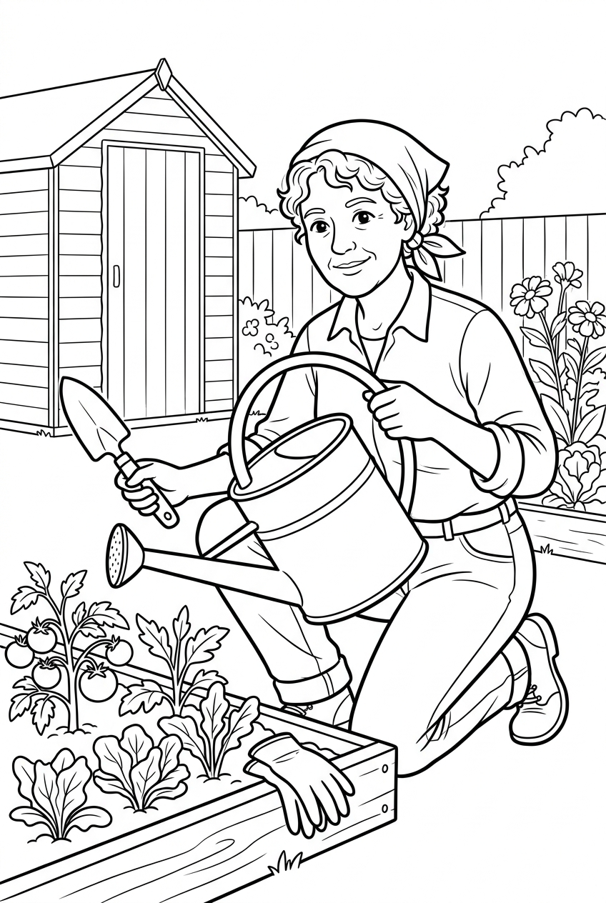 Original black outline coloring illustration of garden tool