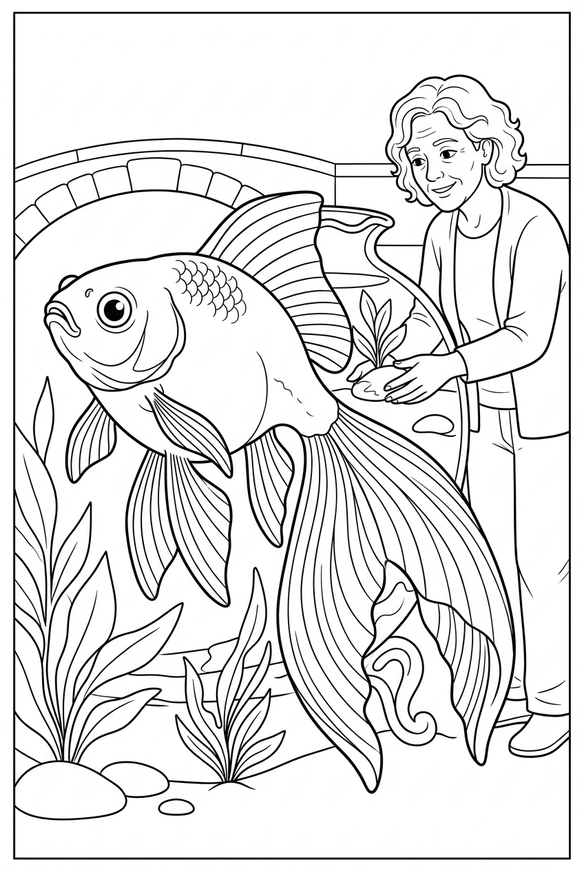 Original black outline coloring illustration of goldfish