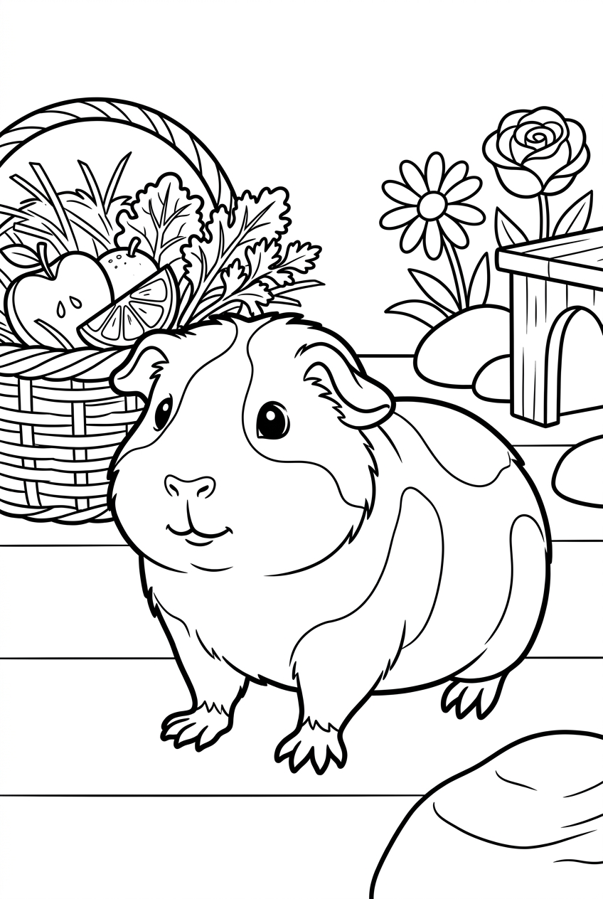 Original black outline coloring illustration of guinea pig