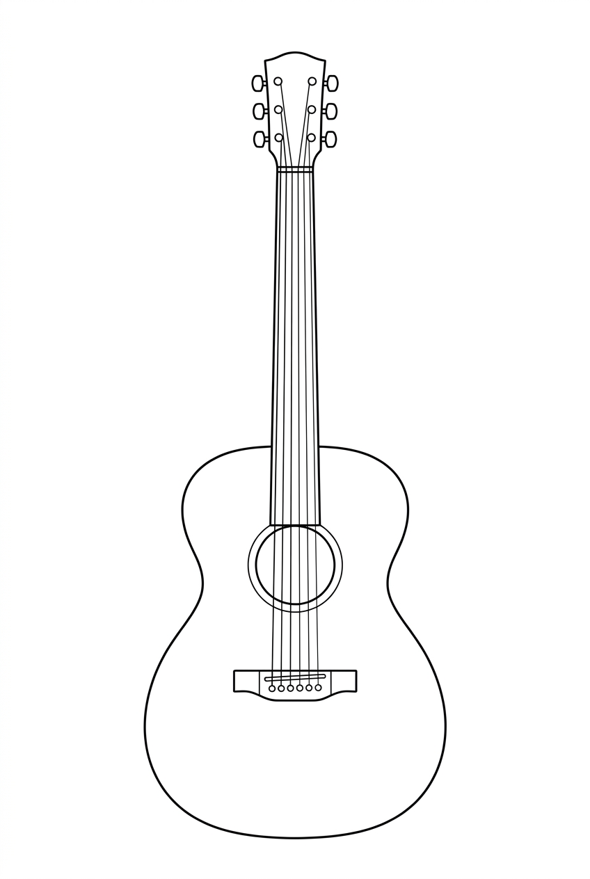 Original black outline coloring illustration of guitar