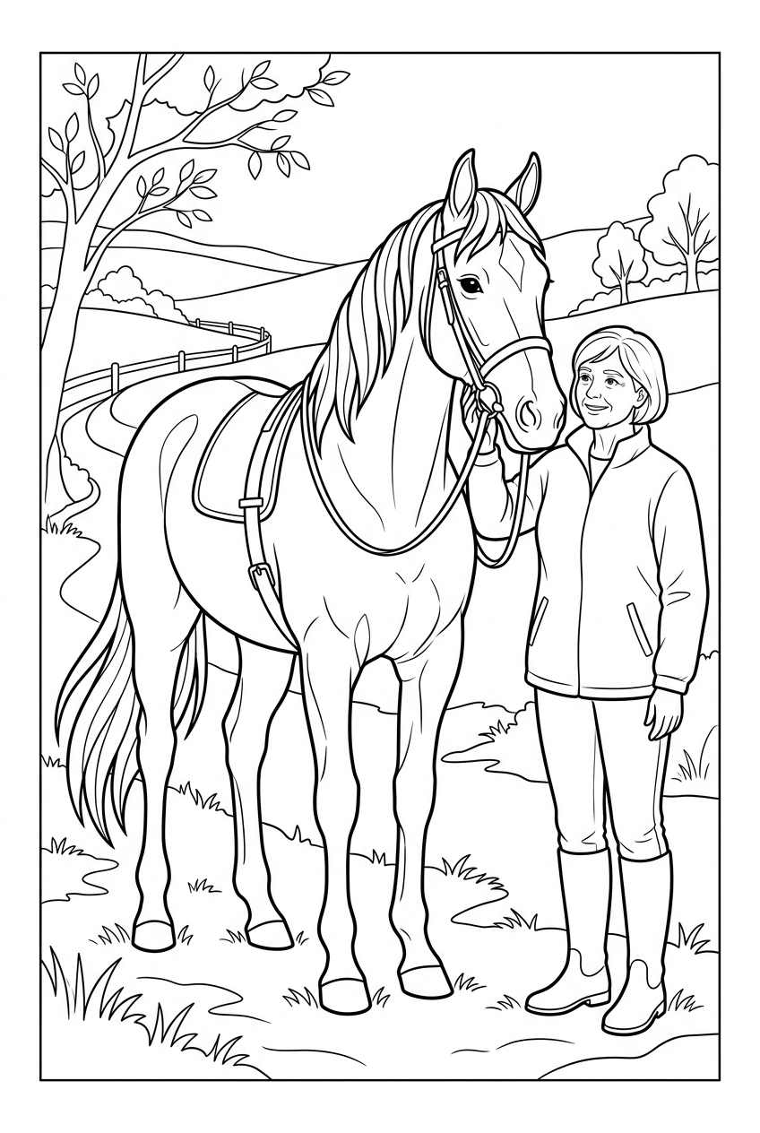 Original black outline coloring illustration of horse