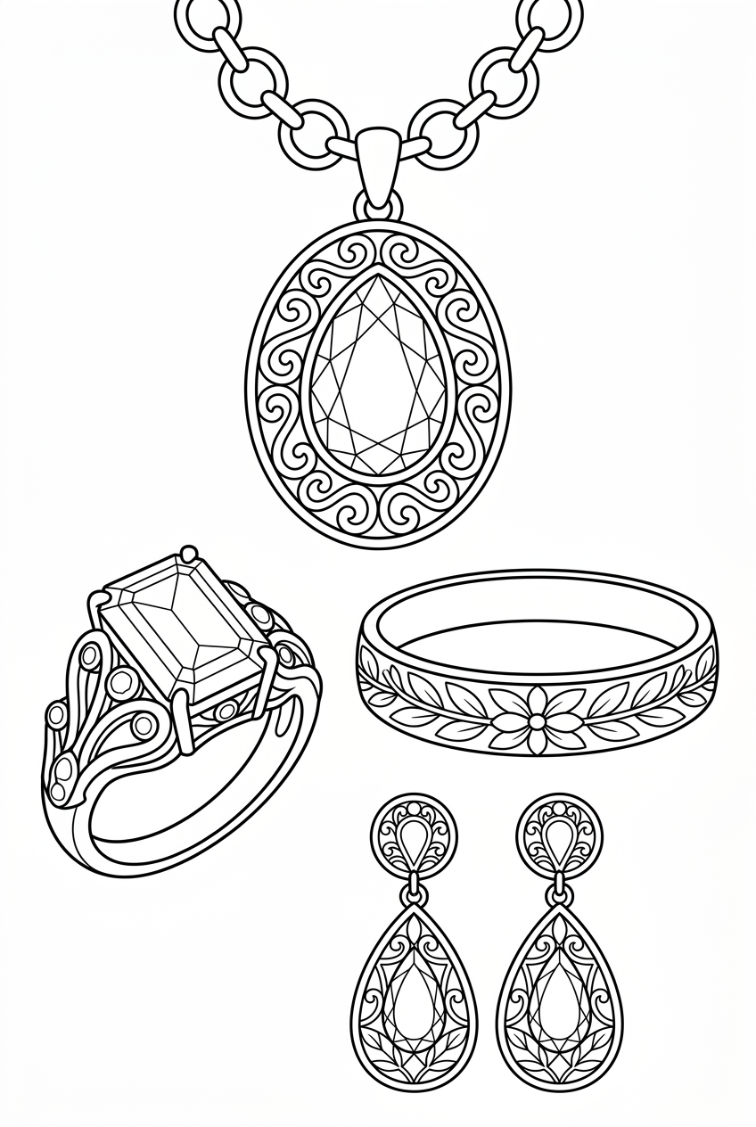 Original black outline coloring illustration of jewelry