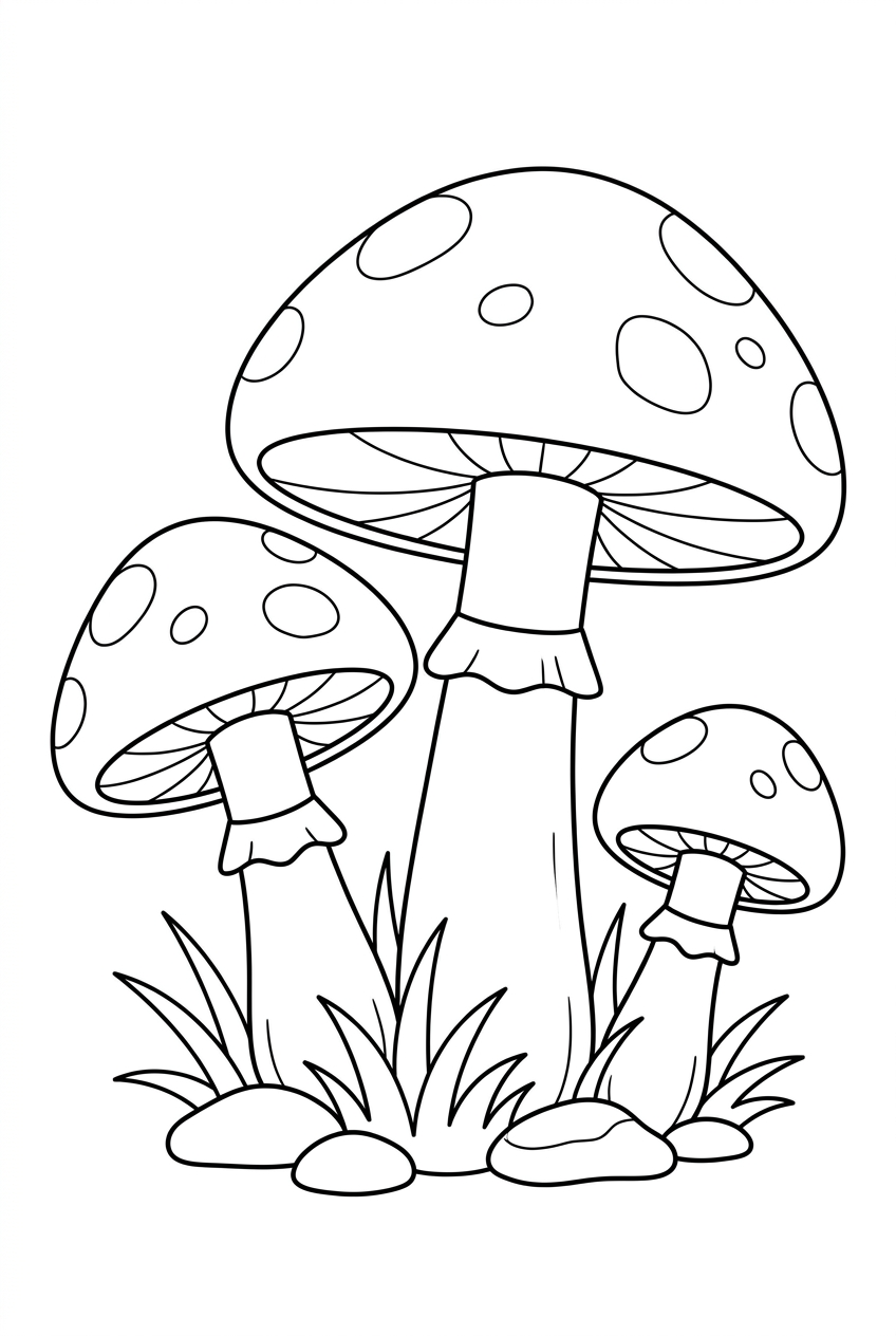 Original black outline coloring illustration of mushroom