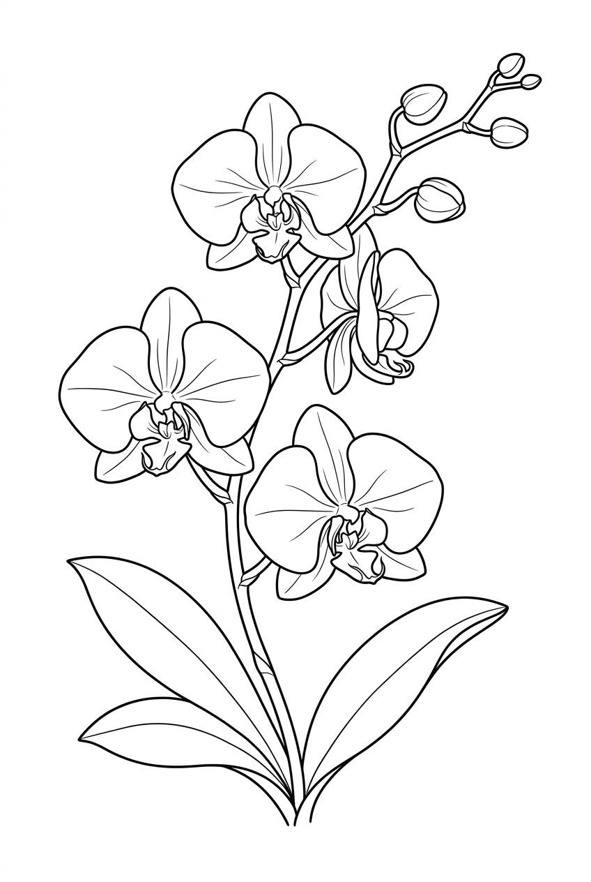 Original black outline coloring illustration of orchid