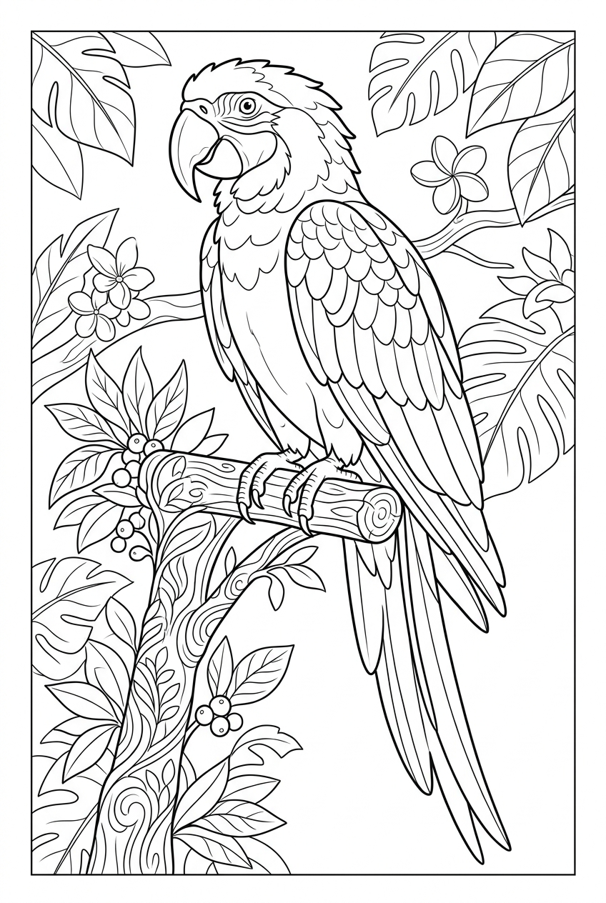 Original black outline coloring illustration of parrot