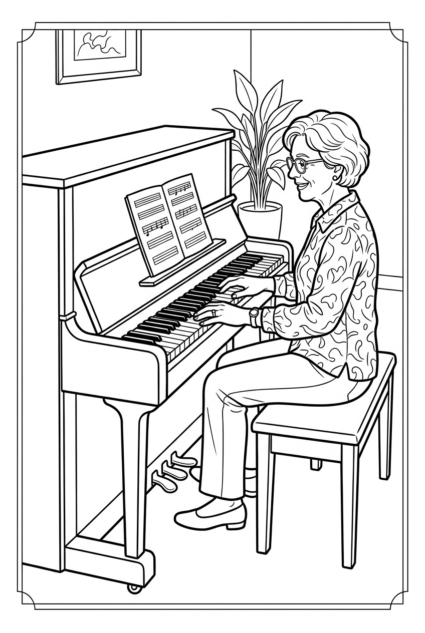 Original black outline coloring illustration of piano