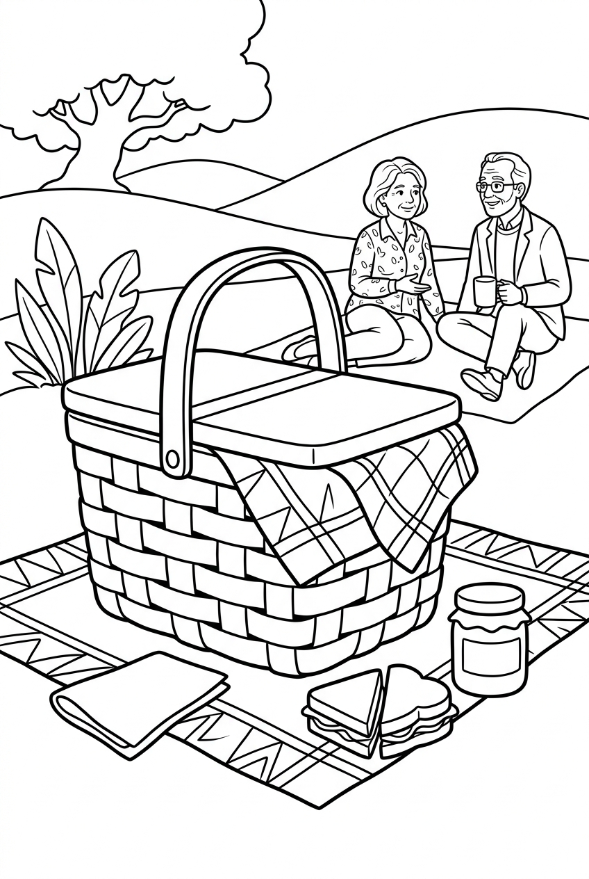 Original black outline coloring illustration of picnic basket