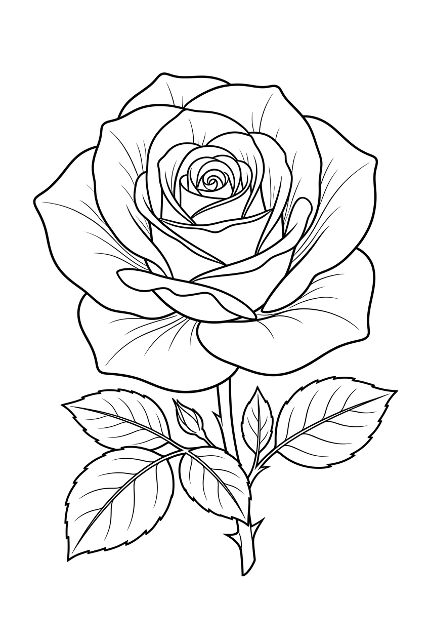 Original black outline coloring illustration of rose