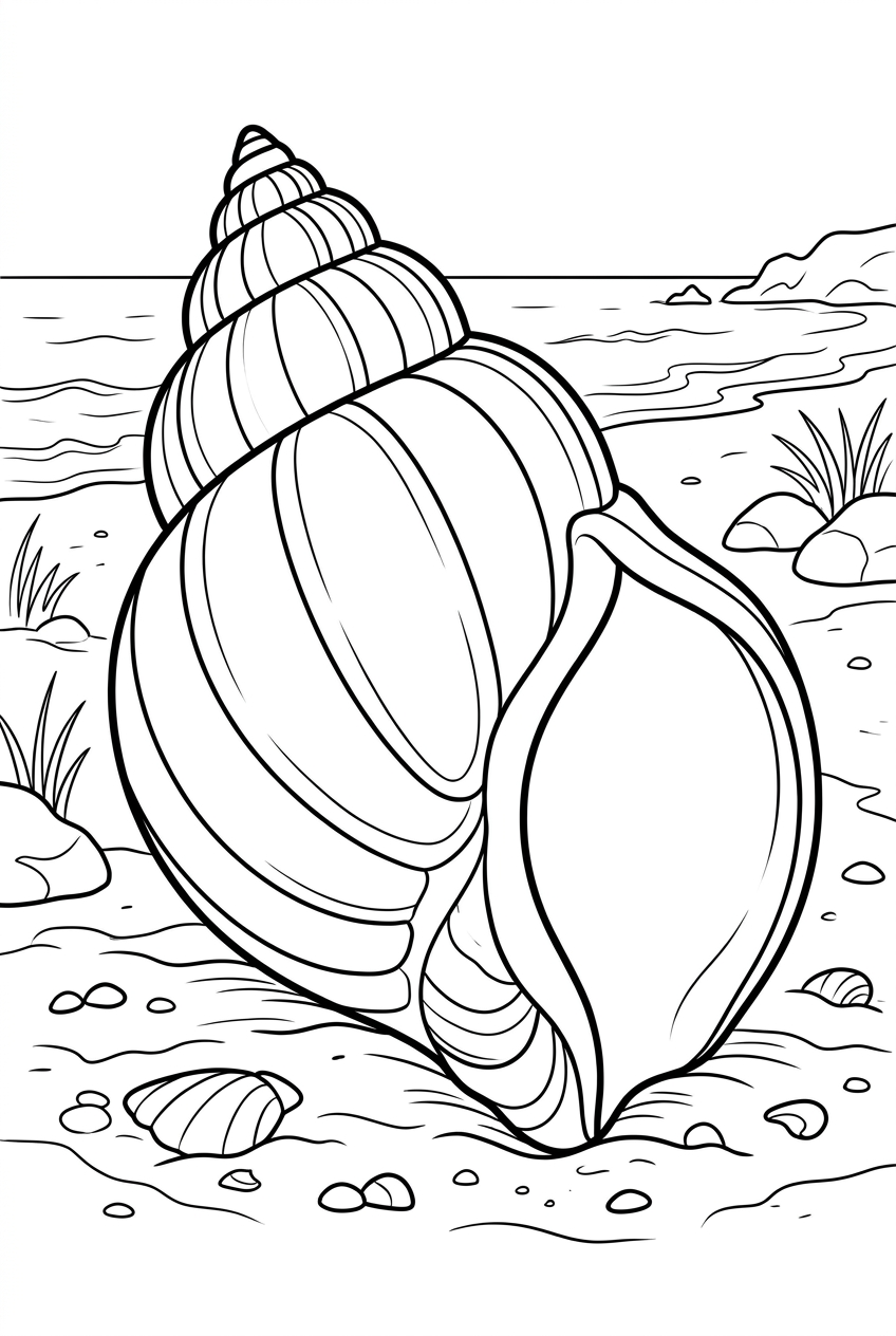 Original black outline coloring illustration of seashell