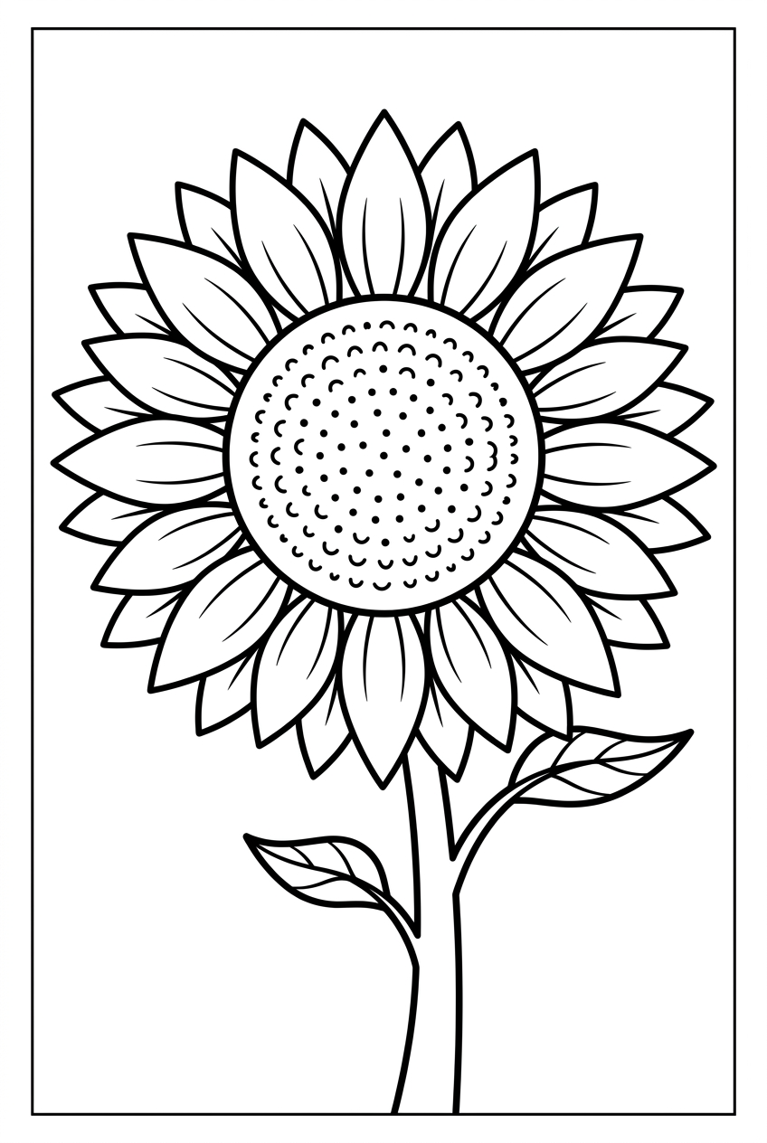 Original black outline coloring illustration of sunflower