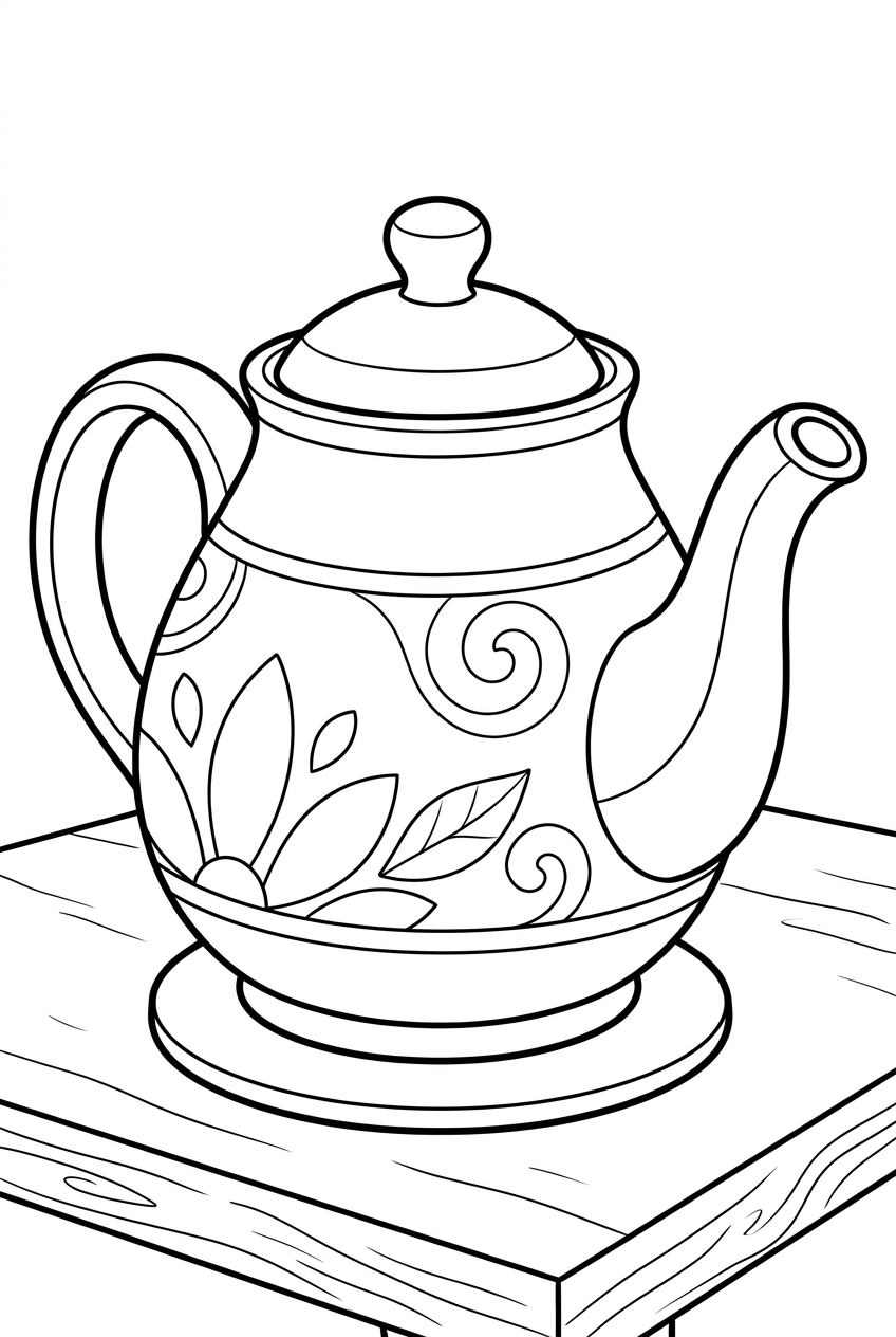 Original black outline coloring illustration of teapot