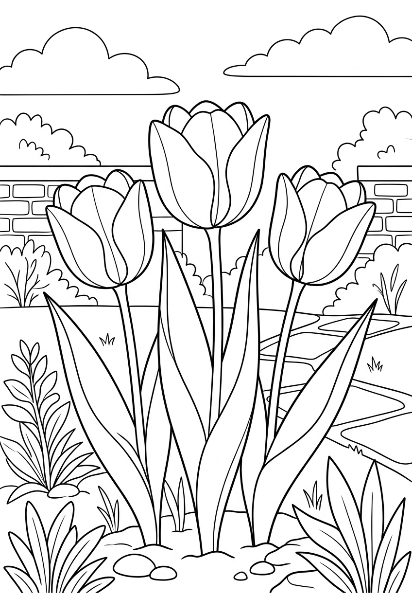 Original black outline coloring illustration of tulip