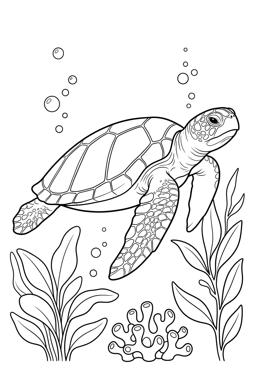 Original black outline coloring illustration of turtle