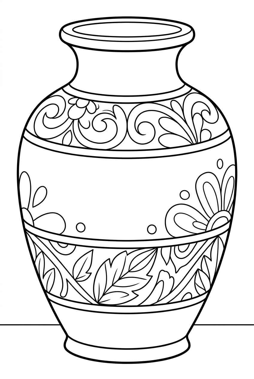 Original black outline coloring illustration of vase