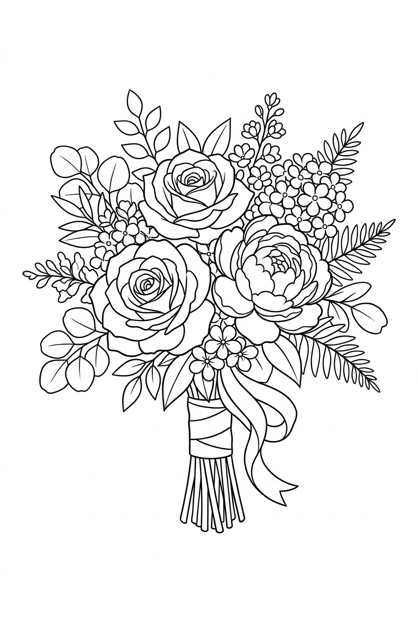 Original black outline coloring illustration of wedding bouquet