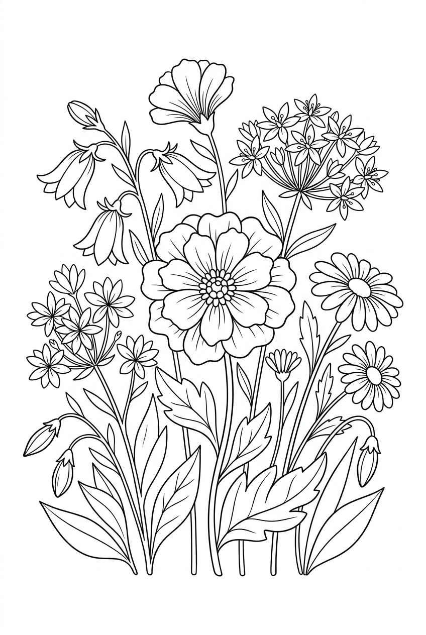 Original black outline coloring illustration of wildflower